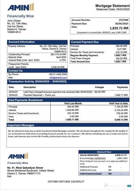 Download Iran Amin Investment Bank mortgage statement Word and PDF template Photoshop template